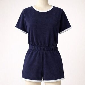 Zara Navy Terry Cloth White Trim Romper Lounge Retro M